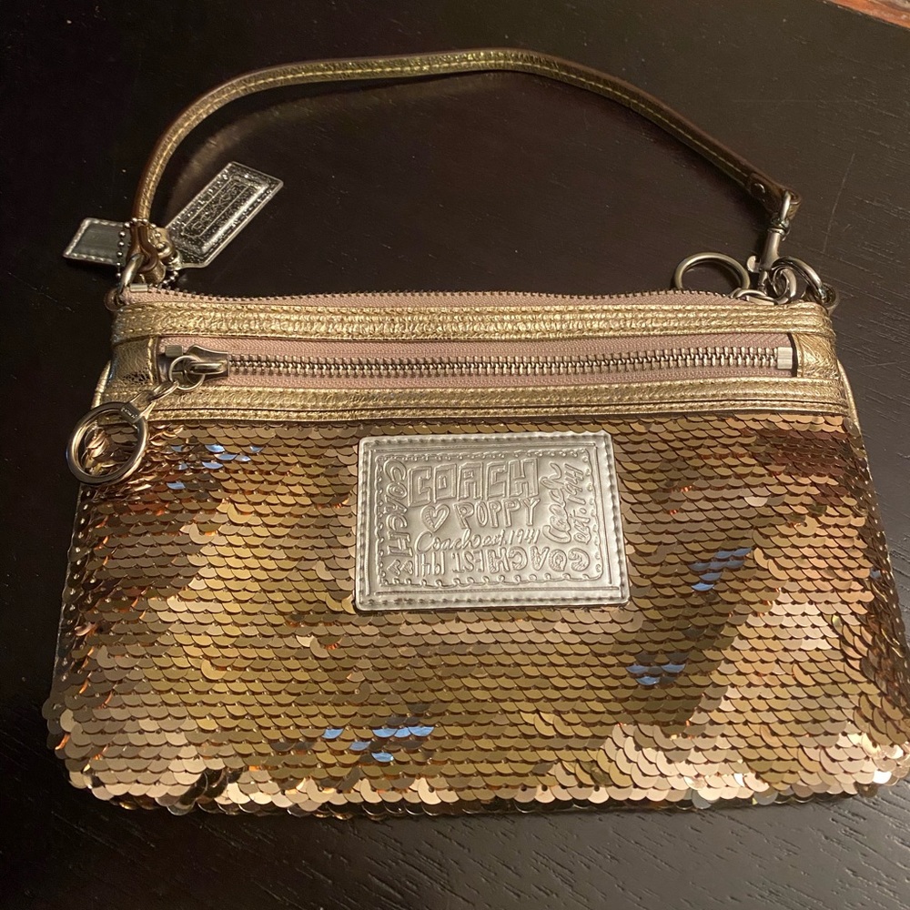 Coach Poppy Wristlet Gold Sequin